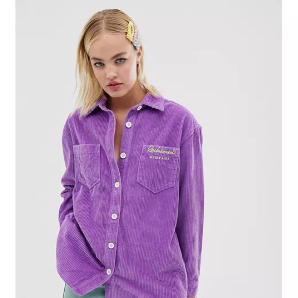 Reclaimed Vintage Purple Corduroy Button Down Oversized Shirt Size 2